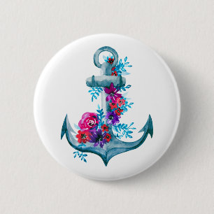 Cool Watercolor Floral Anchor Illustration 2 Inch Round Button
