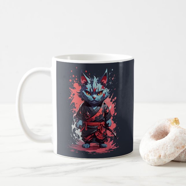 Cool Watercolor Grey Ninja Cat Warrior Coffee Mug (With Donut)