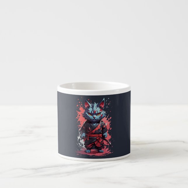 Cool Watercolor Grey Ninja Cat Warrior Espresso Cup (Front)