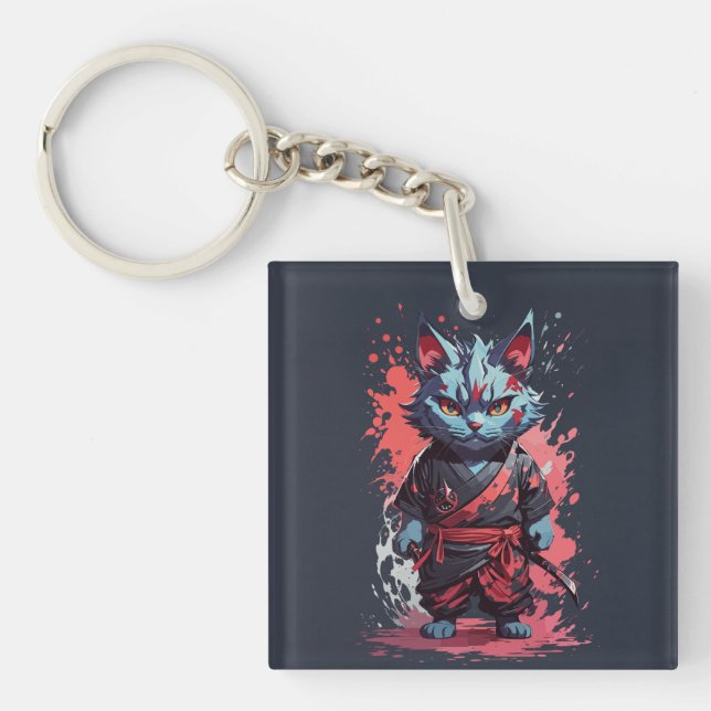 Cool Watercolor Grey Ninja Cat Warrior Keychain (Front)