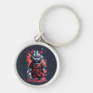 Cool Watercolor Grey Ninja Cat Warrior Keychain