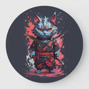 Cool Watercolor Grey Ninja Cat Warrior Large Clock