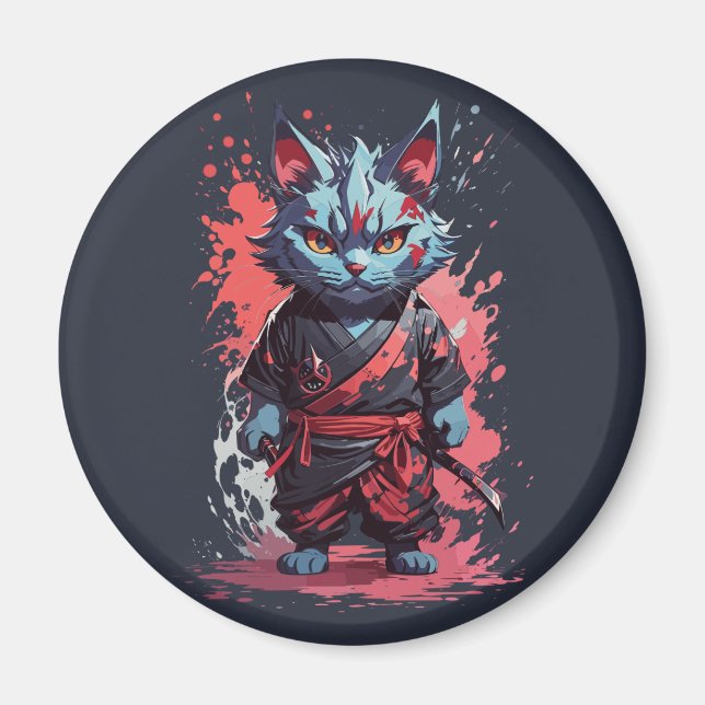 Cool Watercolor Grey Ninja Cat Warrior Magnet (Front)