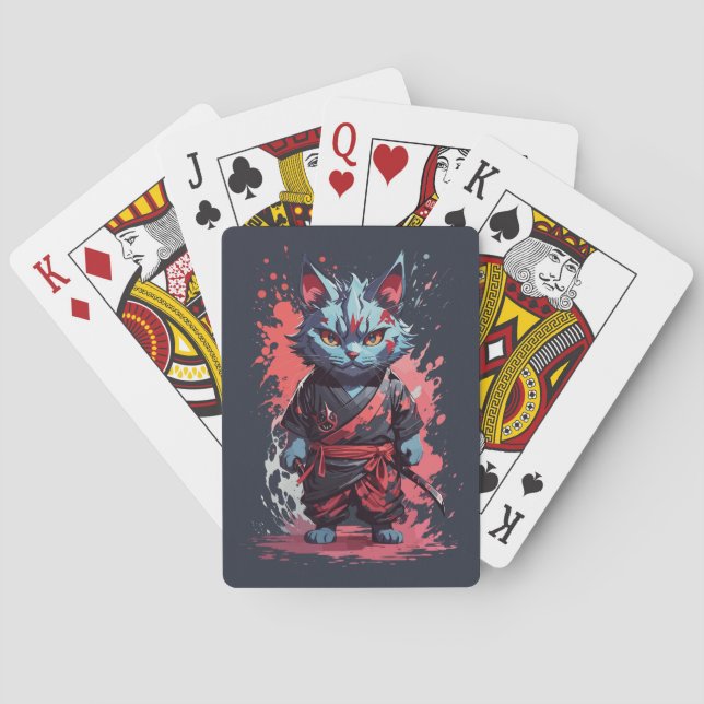 Cool Watercolor Grey Ninja Cat Warrior Playing Cards (Back)