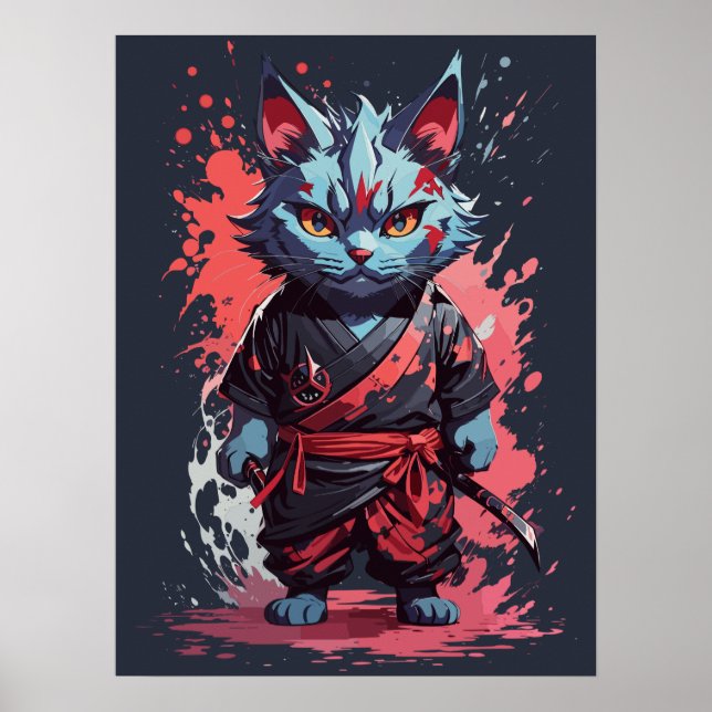 Cool Watercolor Grey Ninja Cat Warrior Poster (Front)