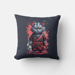 Cool Watercolor Grey Ninja Cat Warrior Throw Pillow