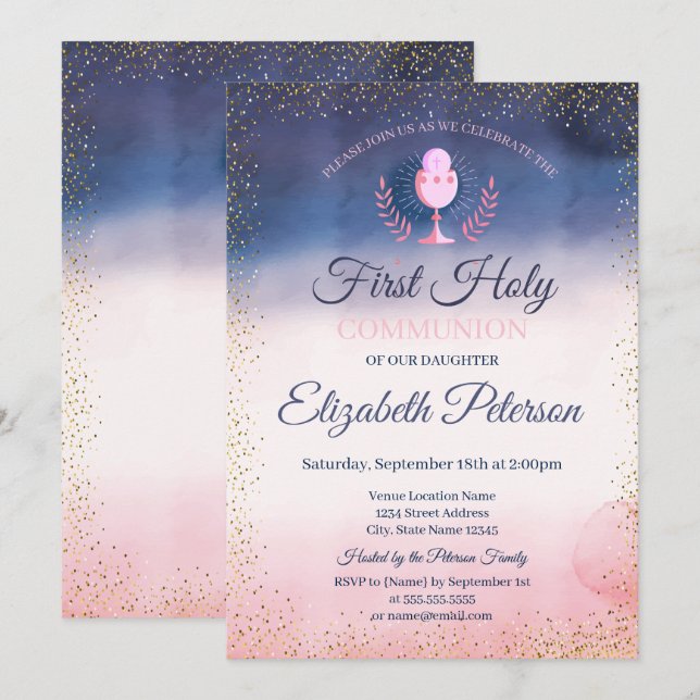 Cool Watercolor Paint Splash First Holy Communion Invitation (Front/Back)