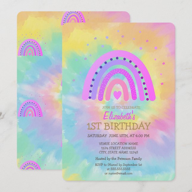 Cool Watercolor Rainbow Tie Dye Birthday   Invitation (Front/Back)