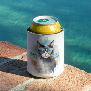 Cool Watercolor Summer Tuxedo Cat Can Cooler
