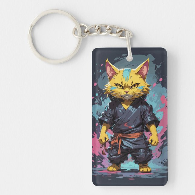 Cool Watercolor Yellow Ninja Cat Warrior Keychain (Front)