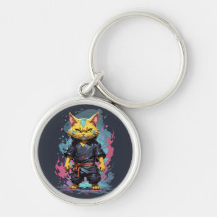 Cool Watercolor Yellow Ninja Cat Warrior Keychain
