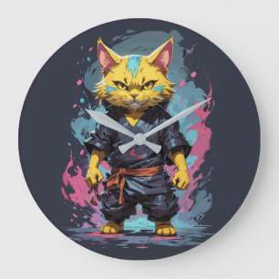 Cool Watercolor Yellow Ninja Cat Warrior Large Clock