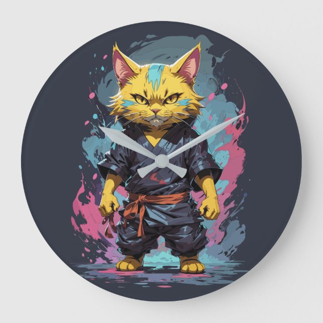 Cool Watercolor Yellow Ninja Cat Warrior Large Clock (Front)