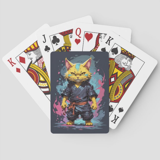 Cool Watercolor Yellow Ninja Cat Warrior Playing Cards (Back)
