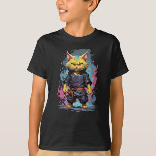 Cool Watercolor Yellow Ninja Cat Warrior T-Shirt