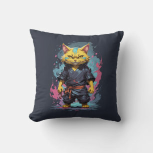 Cool Watercolor Yellow Ninja Cat Warrior Throw Pillow
