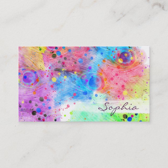Cool watercolors peacock feathers abstract pattern business card (Front)