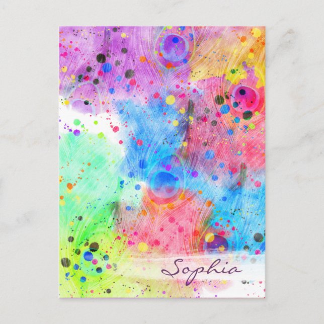 Cool watercolors peacock feathers abstract pattern postcard (Front)