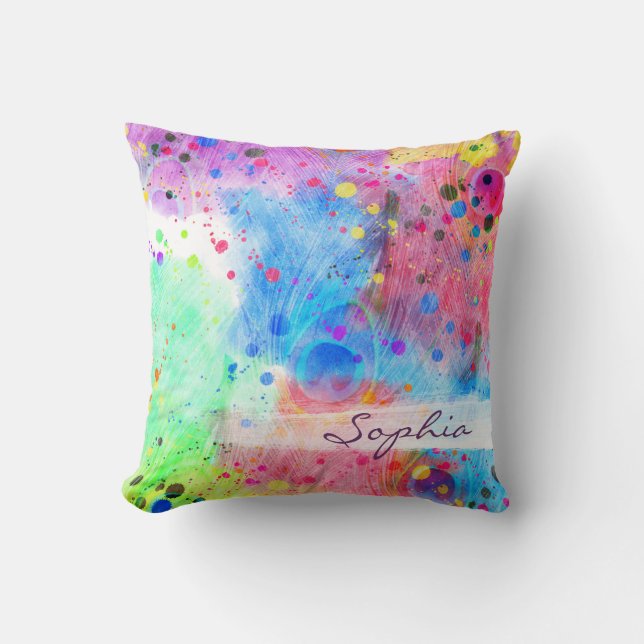 Cool watercolors peacock feathers abstract pattern throw pillow (Front)