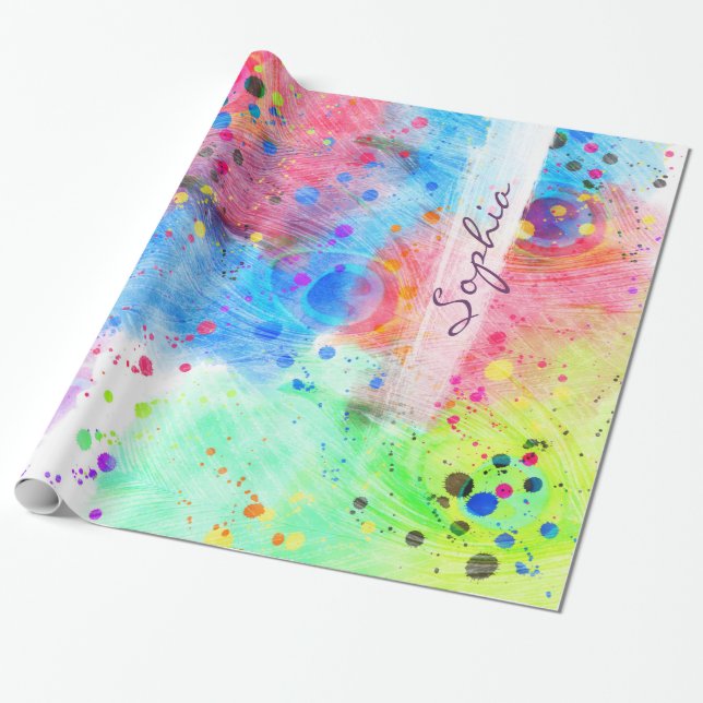 Cool watercolors peacock feathers abstract pattern wrapping paper (Unrolled)
