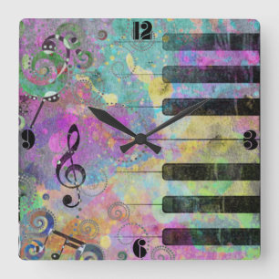 Cool watercolours splatters colourful piano square wall clock
