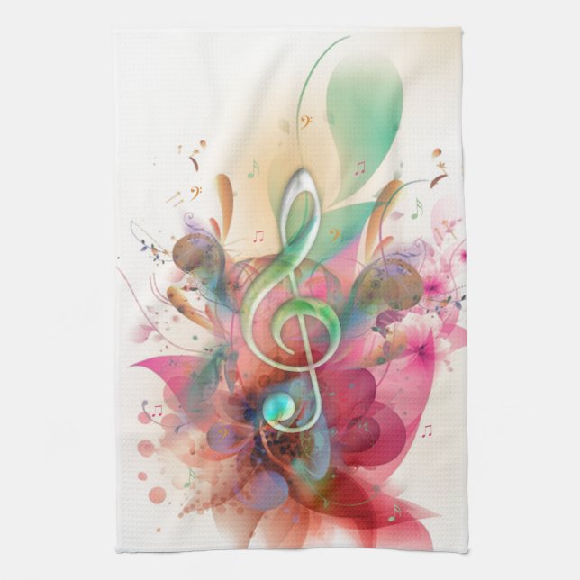 Cool watercolours treble clef music notes swirls kitchen towel (Vertical)