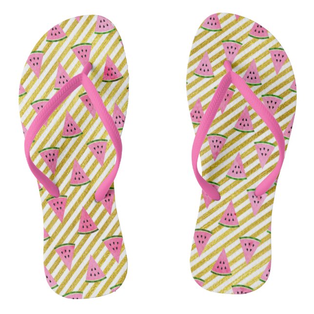 Cool Watermelon and Yellow Stripe Summer Pattern Flip Flops (Footbed)