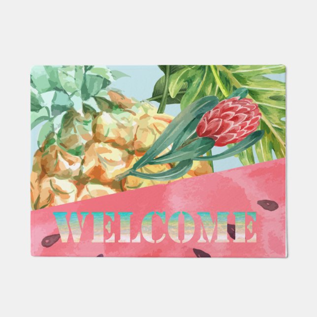 Cool Watermelon Hibiscus Palm Leaves Welcome  Doormat (Front)