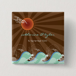 Cool Waves Brown Sun Tropical Beach Wedding Button