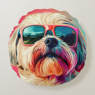 Cool West Highland White Terrier dog with sunglass Round Pillow