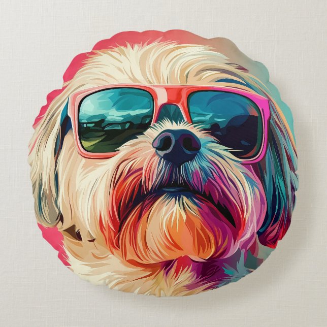 Cool West Highland White Terrier dog with sunglass Round Pillow (Front)