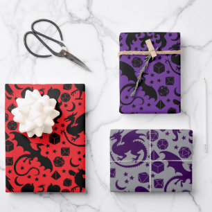 Cool Whimsical Dragon & Dice Themed Purple & Red Wrapping Paper Sheet
