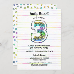 Cool Whimsical Fun 3rd Birthday Party Invitation