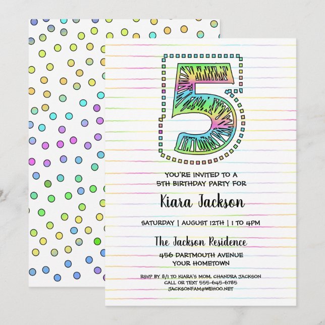 Cool Whimsical Fun 5th Birthday Party Invitation (Front/Back)