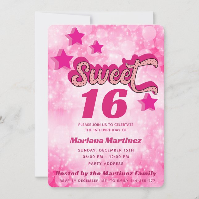 Cool whimsy modern super star typography pink invitation (Front)