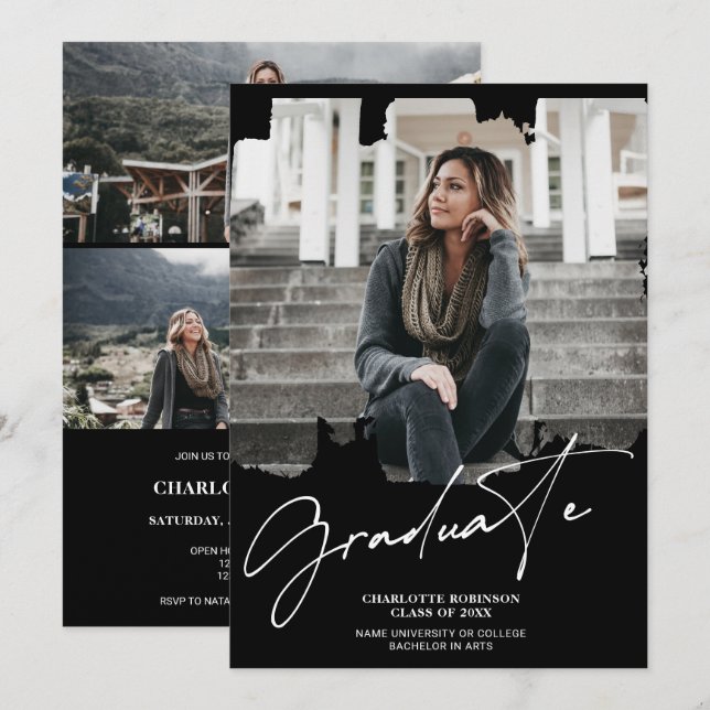 Cool white Black graduate script photo graduation Invitation (Front/Back)