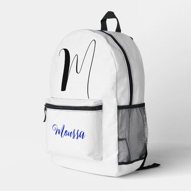 Cool White Colour - Initial Letter Name Monogram Printed Backpack (Back Corner Right)