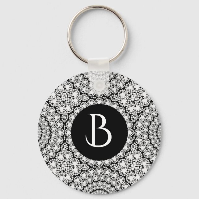 Cool White Diamonds Circles Pattern Monogram Keychain (Front)