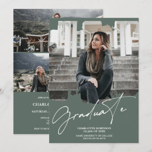 Cool white green graduate script photo graduation invitation