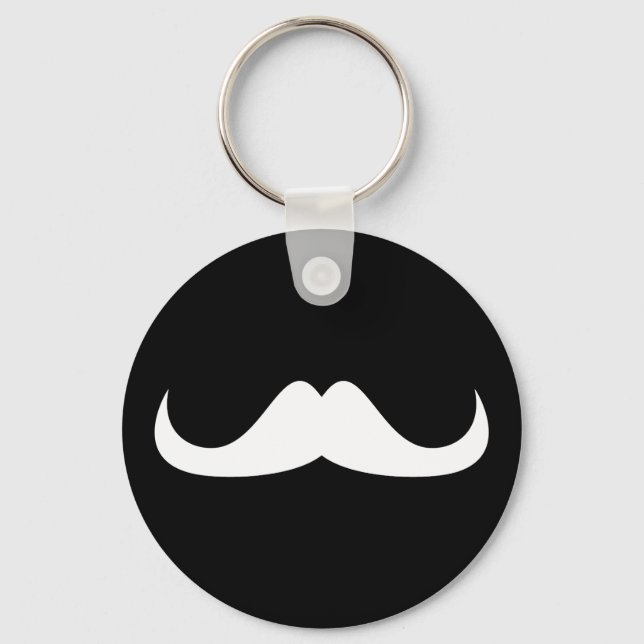 Cool White Handlebar moustache on Black Keychain (Front)