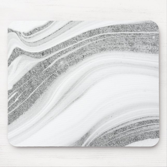 Cool White Marble Silver Glitter Mouse Pad (Front)