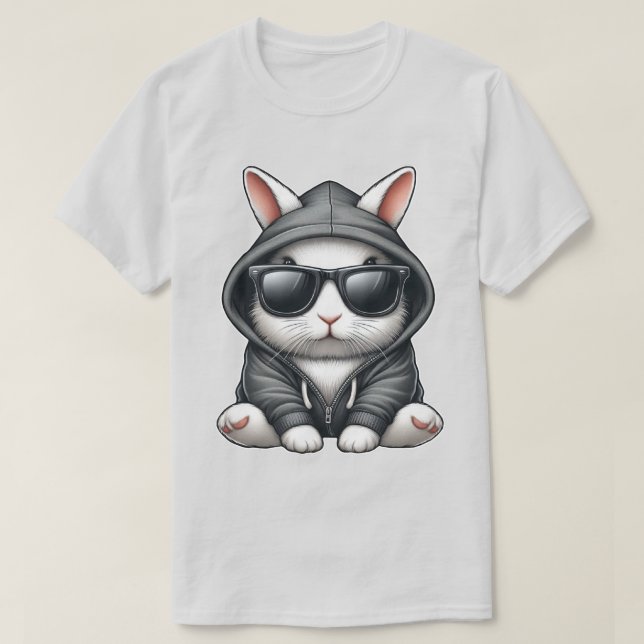 Cool White Rabbit in Hoodie and Sunglasses T-Shirt (Design Front)