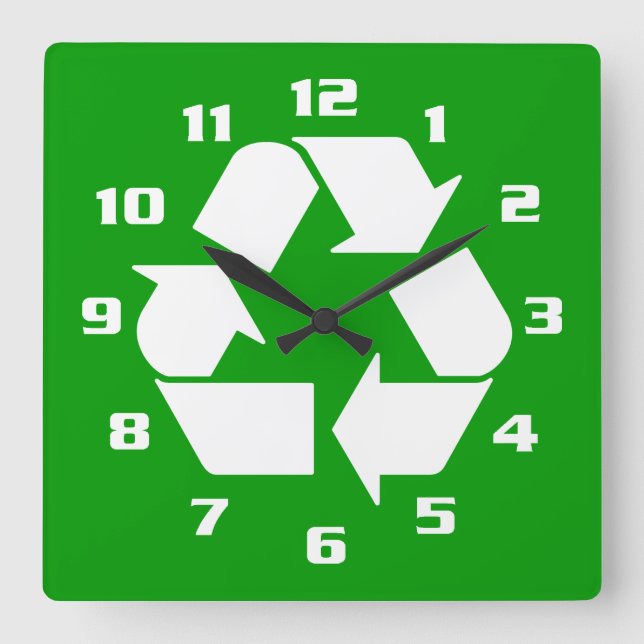 COOL WHITE RECYCLE SYMBOL GO GREEN SQUARE WALL CLOCK (Front)