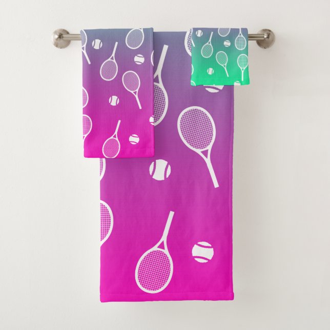 Cool White Retro Tennis Racquets Pattern Gradient  Bath Towel Set (Insitu)
