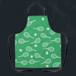 Cool White Retro Tennis Racquets Pattern Green Apron<br><div class="desc">White and green Tennis Rackets Pattern For Him | Summer Tennis Court. Gift for tennis player, white racquet tennis match on a green background. Personalized Gift for a tennis player. Trendy tennis players home decor. Trendy modern tennis player gifts. Cool retro modern gift for your school tennis coach or school...</div>