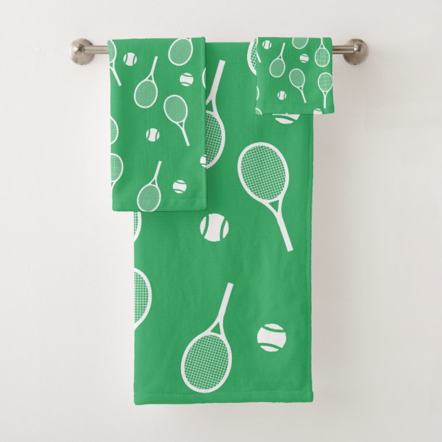 Cool White Retro Tennis Racquets Pattern Green  Bath Towel Set (Insitu)