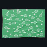 Cool White Retro Tennis Racquets Pattern Green  Kitchen Towel<br><div class="desc">White and green Tennis Rackets Pattern For Him | Summer Tennis Court. Gift for tennis player, white racquet tennis match on a green background. Personalized Gift for a tennis player. Trendy tennis players home decor. Trendy modern tennis player gifts. Cool retro modern gift for your school tennis coach or school...</div>