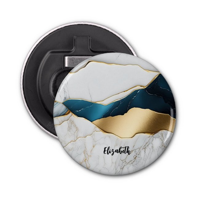 Cool White Turquoise Marble Stone Gold Bottle Opener (Front)