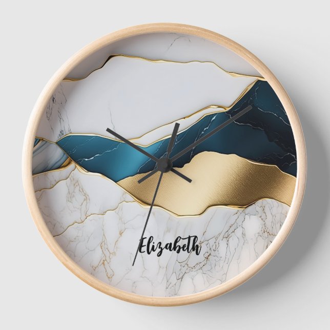 Cool White Turquoise Marble Stone Gold Clock (Front)