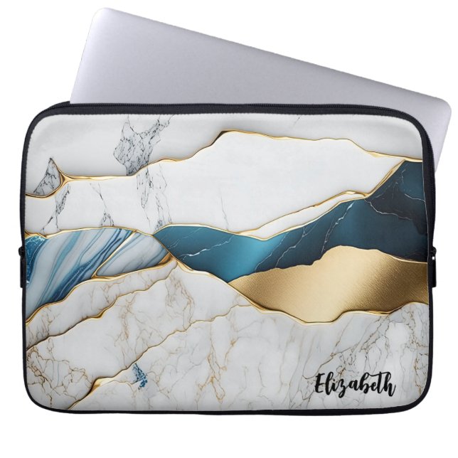Cool White Turquoise Marble Stone Gold Laptop Sleeve (Front)
